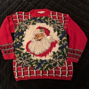 Jennifer & Co Vintage Granny Christmas Santa 80s Hand Knit Sweater Shoulder Pads